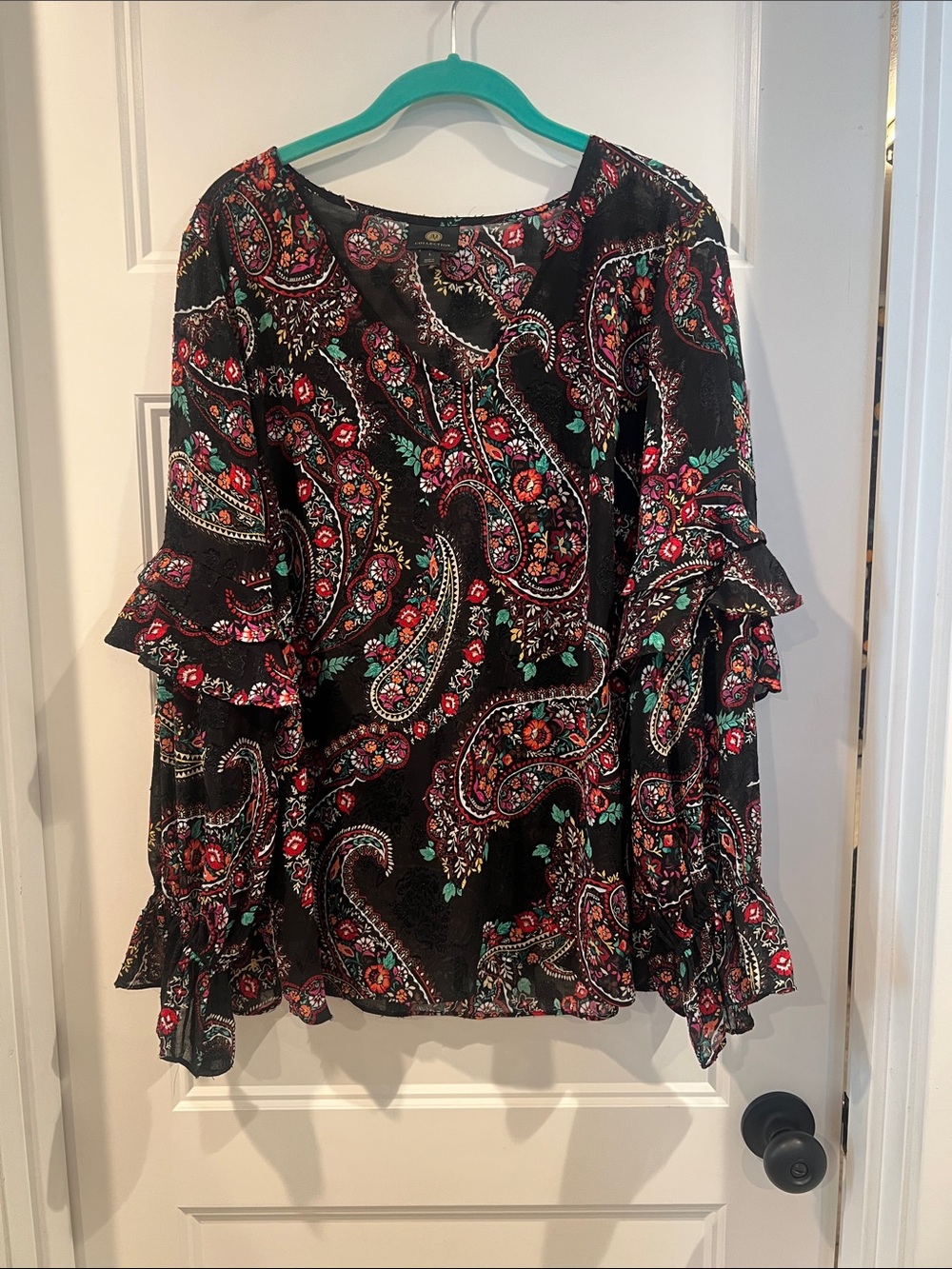 JM Collection Black Blouse with Red and Teal Paisley Print
